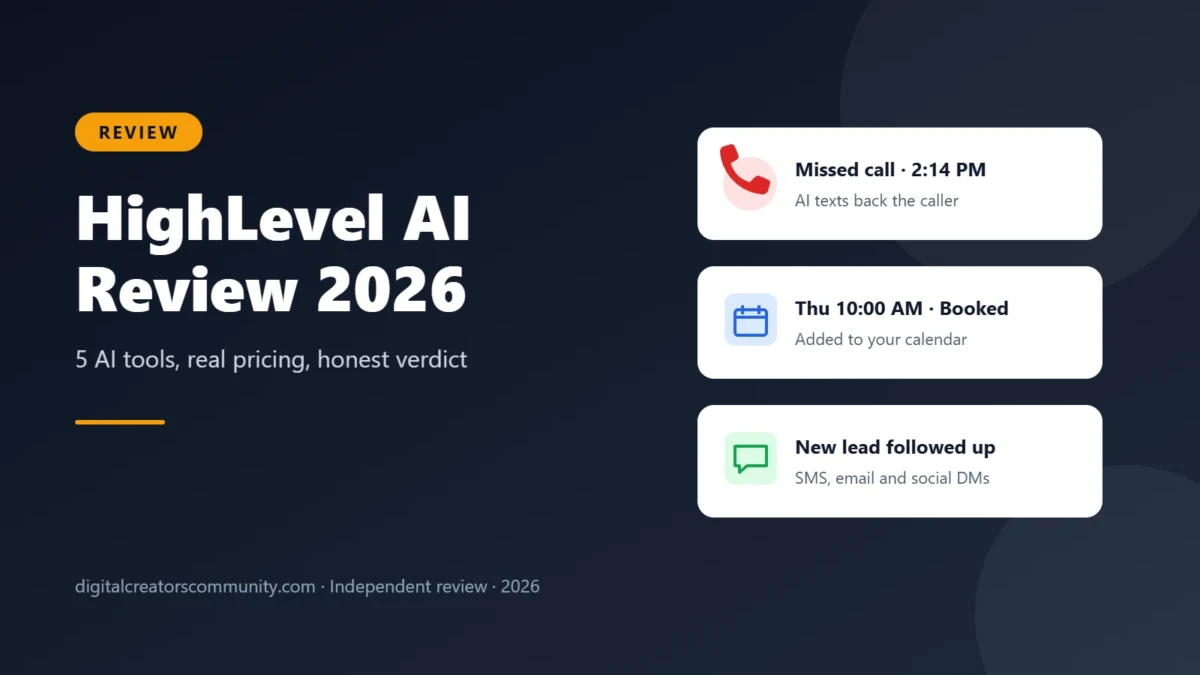HighLevel AI review cover showing an AI receptionist, a booking calendar and a lead chat