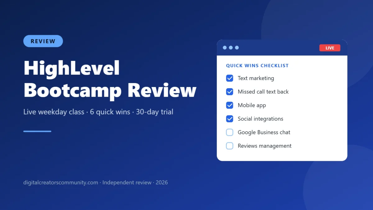 HighLevel Bootcamp Review 2026: 6 Quick Wins in One Free Live Class 1 HighLevel Bootcamp review cover with a live class window and a quick wins checklist