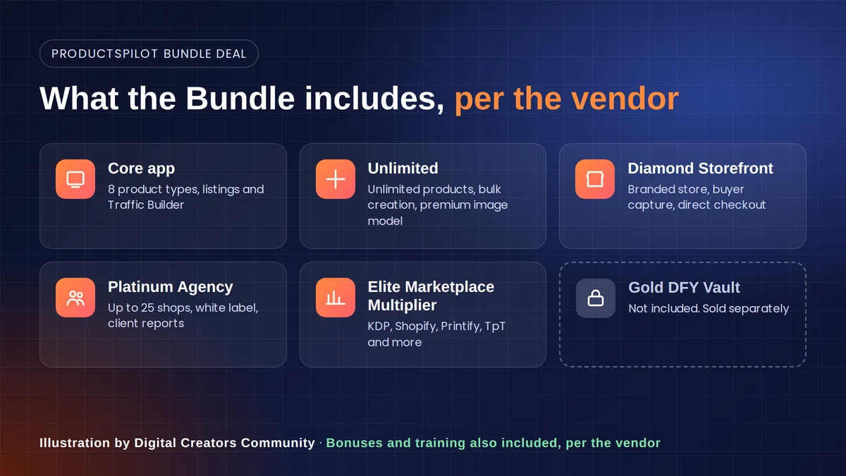 ProductsPilot Review 2026: Honest Look at Bundle Deal & Price 4 ProductsPilot Bundle Deal contents: core app, Unlimited, Diamond Storefront, Platinum Agency and Elite Marketplace Multiplier, with Gold DFY Vault sold separately
