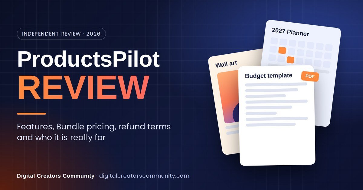 ProductsPilot review cover with sample planner, wall art and budget template files