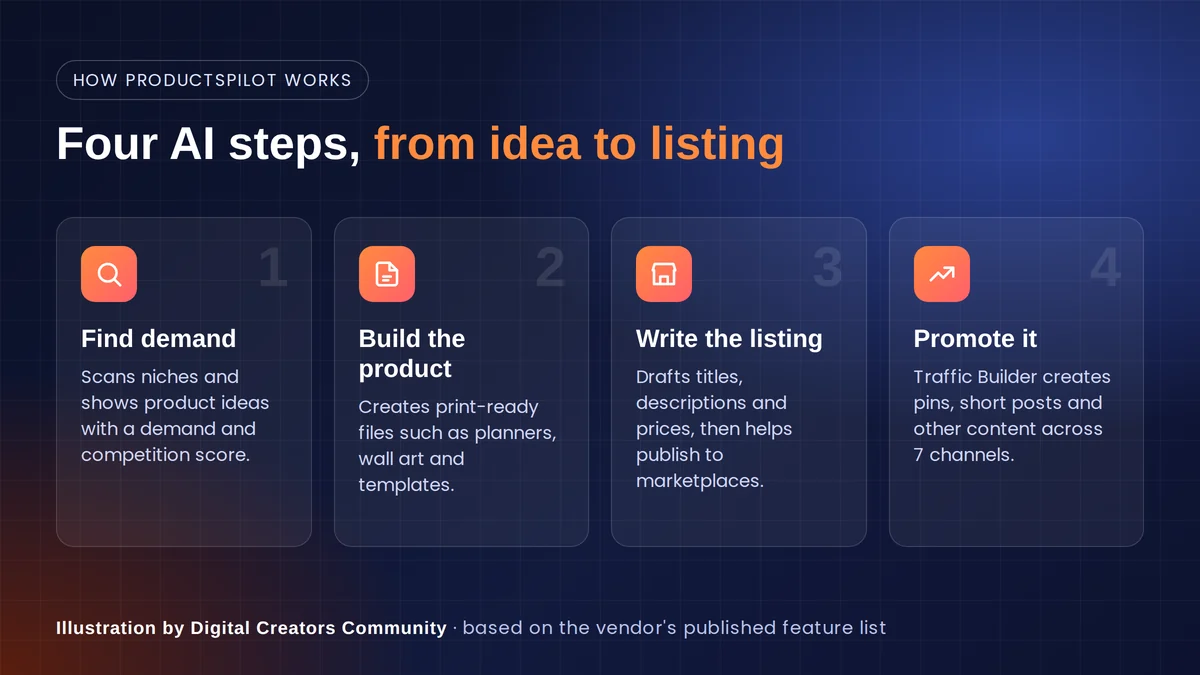 ProductsPilot Review 2026: Honest Look at Bundle Deal & Price 2 ProductsPilot review diagram showing four steps: find demand, build the product, write the listing and promote it