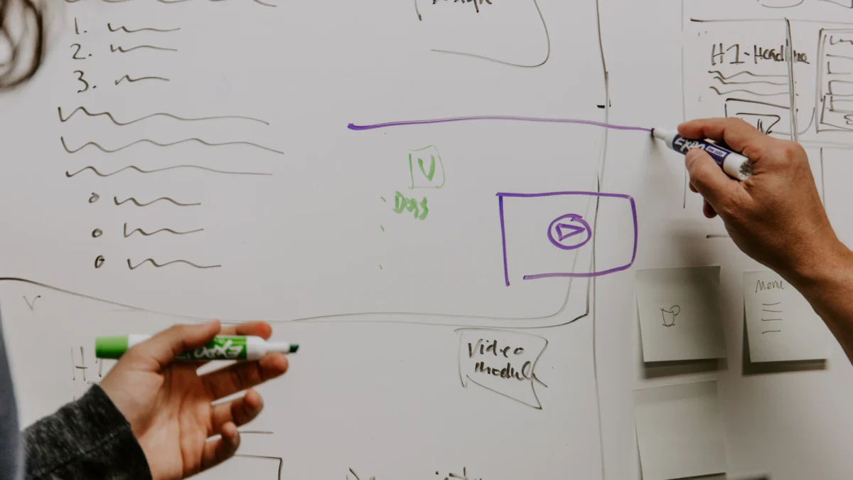 Two people sketching a sales funnel plan on a whiteboard